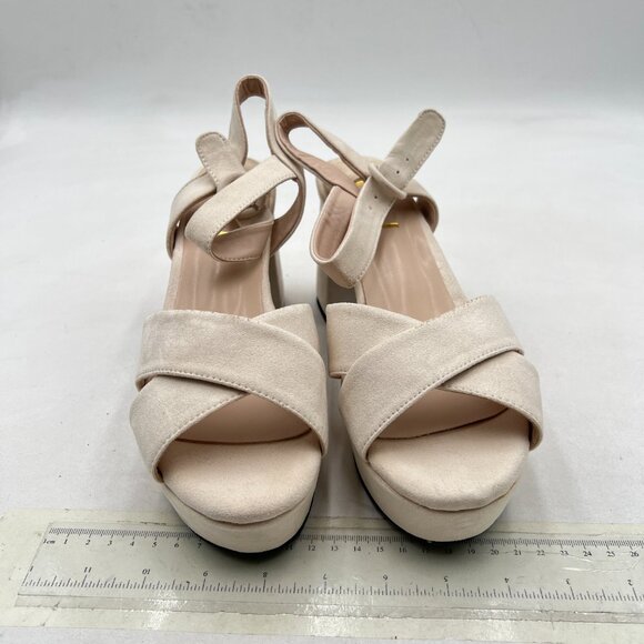 FSJ Beige Peep Toe Chunky High Heels Platform Sandals Ankle Strap Prom Shoes - Picture 3 of 8